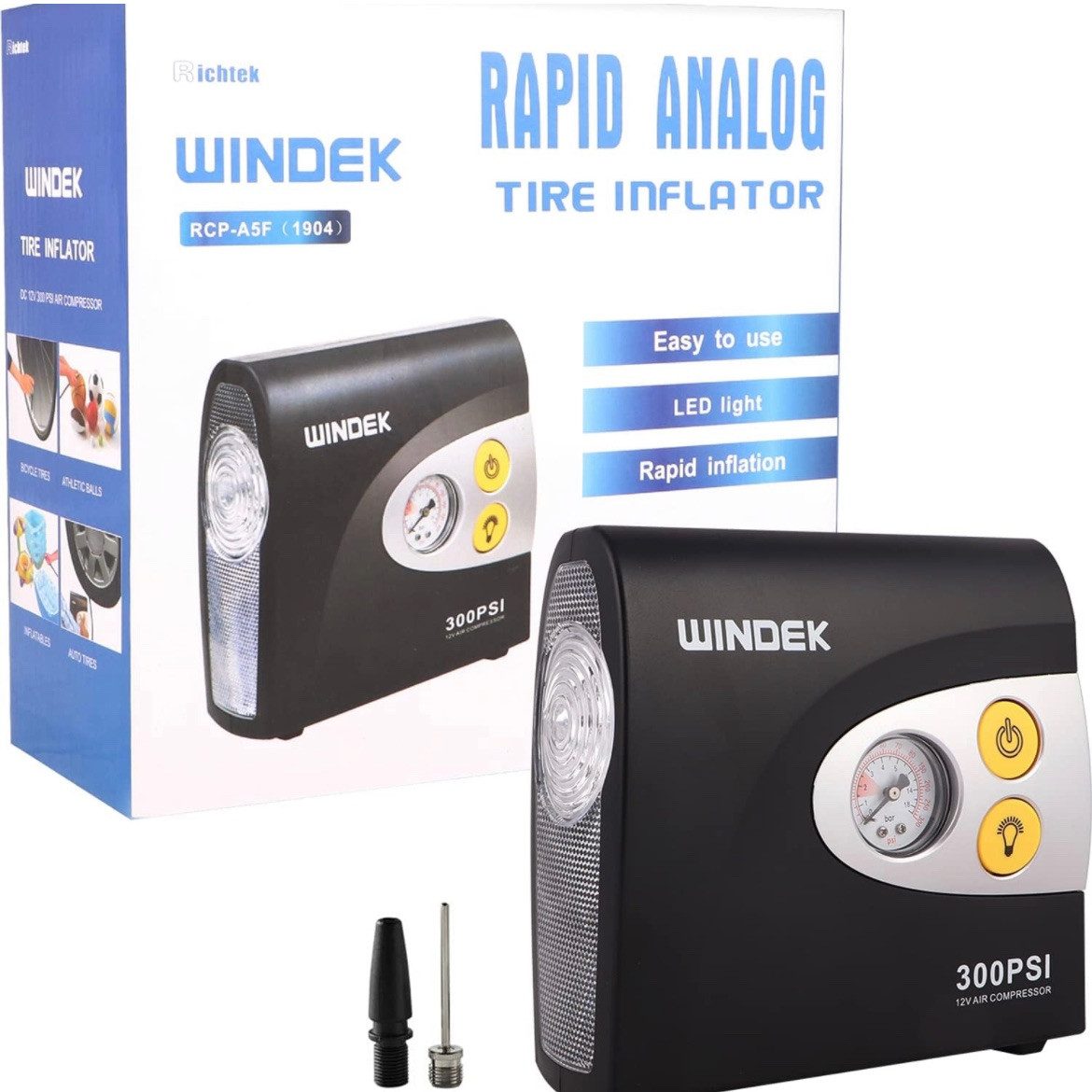 Windek 300 psi analog tyre inflator with bright led light with 1 year warranty